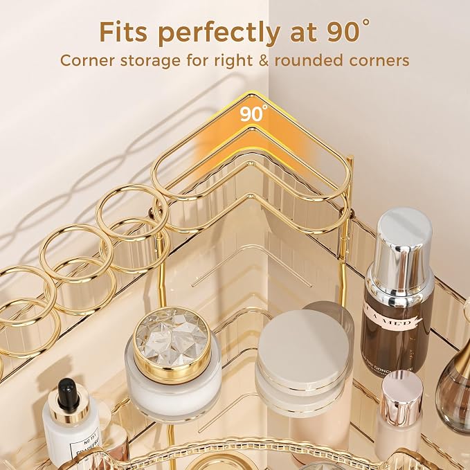 BEFSOP Corner Bathroom Counter Organizer, Upgraded 2-Tier Makeup Organizer Countertop with Makeup Brush Holder, Skincare Exquisite Vanity Organizers Countertop Bathroom Storage Dresser(GOLD)