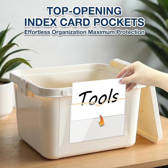 H4D 48 Pack labels for Storage Bins, 4" x 6" Plastic Clear Adhesive Pockets | Top-Open Index Card Holder, Waterproof & Removable Labels for Storage Bins, Totes, Containers, Shelves & Library Organization