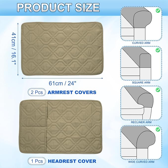 uxcell 3Pcs Sofa Armrest Covers, Armchair Covers with Side Storage Pocket Waterproof Recliner Chair Protector Anti-Slip Couch Arm Headrest Furniture Protect for Home Living Room, Camel