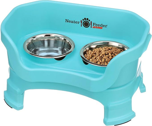 Neater Feeder Deluxe Mess-Proof Elevated Cat Bowls, 2 Height Adjustable (6” & 7.5”) No-Spill Raised Cat Bowl Stand, Whisker Friendly Stainless Steel Dishes for Indoor Cats, Made in USA, Aquamarine