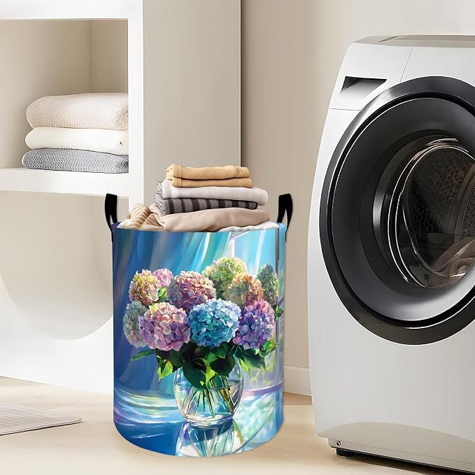 Hydrangea Floral Laundry Basket, Colorful Blooming Flower Art Storage Hamper, Round Collapsible Waterproof Cloth Bin, 19.7x15.7 Inch Elegant Clothes Organizer Gifts for Bathroom Decor