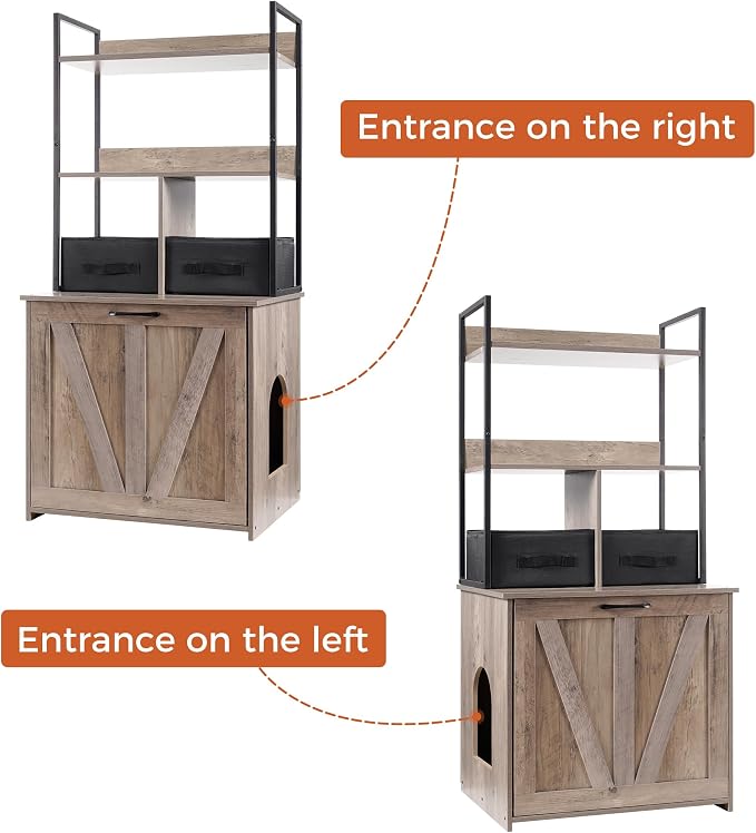 Dwanton Cat Litter Box Enclosure, 2 Storage Shelves and 2 Drawers, 50" H | 2-in-1 Hidden Cat Litter Box Enclosure Furniture with Shelf, Metal Frame, Reversible Entrance, Washable Drawers, Greige
