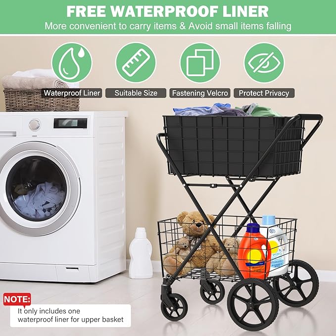 𝐍𝐄𝐖 2-Tier Large Collapsible Grocery Cart On Wheels 400lbs Shopping Cart | for Groceries with 2 Removable Baskets, Waterproof Liner, Heavy Duty Foldable Shopping Utility Cart for Seniors
