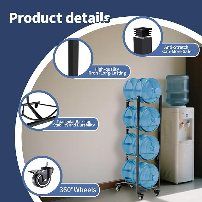 5 Gallon Water Jug Holder with 4 Wheels: 5 Gal Bottle Storage Rack | Movable|Easy to assemble|Heavy Duty Steels|70% Space Saving|Anti-Tip|Stackable|4 Tier|360°Locking Wheels|Home|Kitchen|Garage