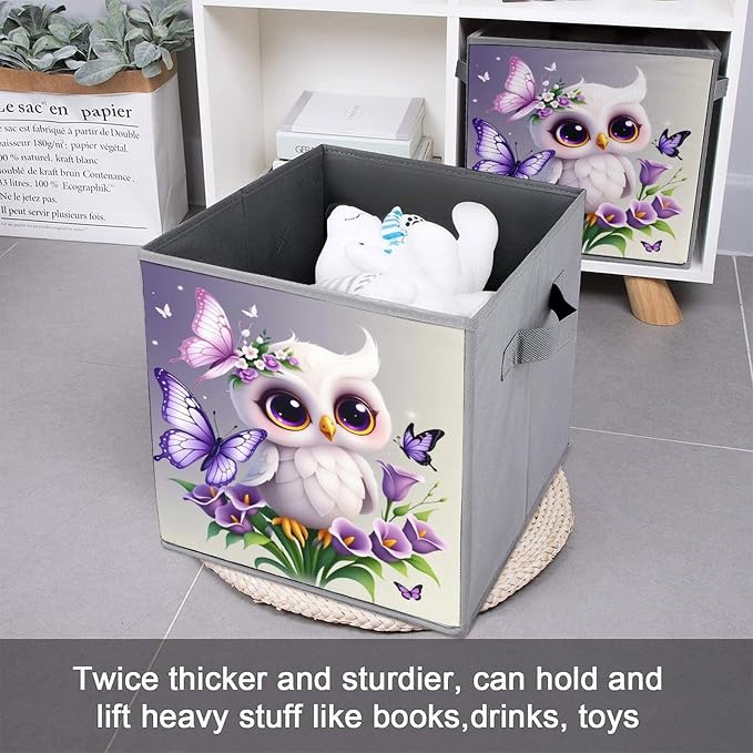 [Dreamy Cute Pet] Owl Foldable Storage Bins, 10.6" Cube Storage Organizer, Sturdy Oxford Cloth Fabric Baskets for Closet, Shelf, Nursery, Bedroom, Decorative Printed Box for Toys & Clothes
