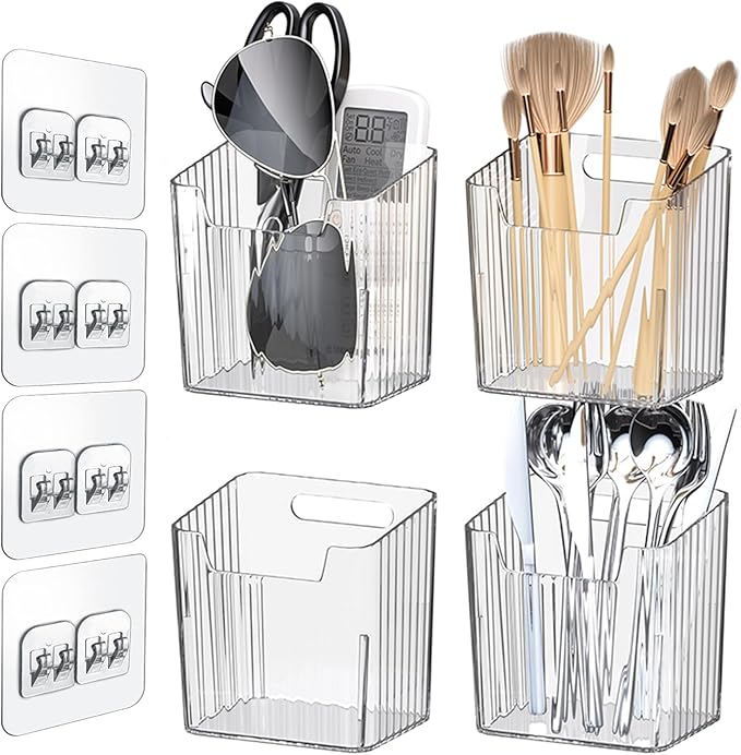 Lae Nuvole Clear Adhesive Wall Organizer Bins, Cabinet Door Storage, 4 Pack | 8 adhesive pads, No Drill, PET, stackable, space-saving; renter friendly, for Bathroom, Kitchen, Pantry, RV, Dorm, Office