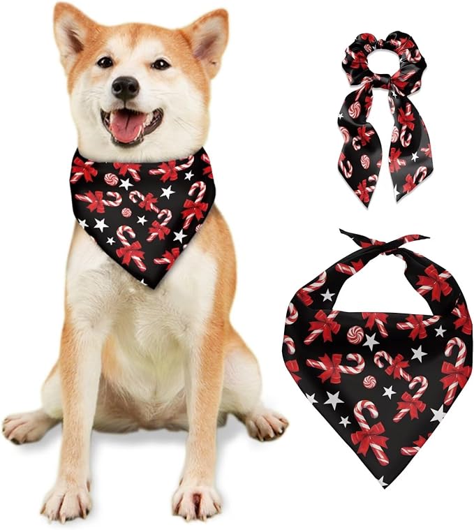 COEQINE Christmas Bandanas for Dogs Large Sleep Hair Tie for Women Matching Dog and Owner Clothes Set 2 Pcs Red Candy Cane Pattern Festival Costume Non Slip
