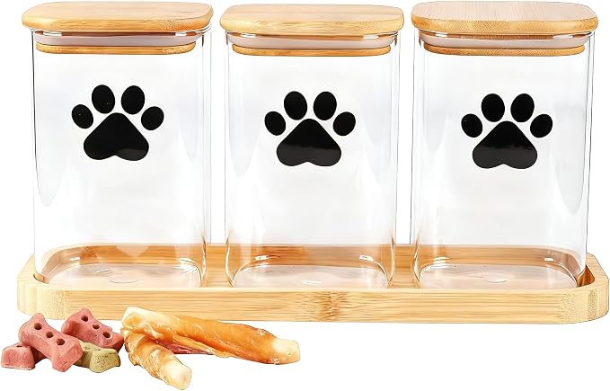 37oz Glass Dog Treat Jars Set of 3,Clear Dog Treat Container with Bamboo Lids,Airtight Cat Treat Jar,Small Pet Treat Canister,Puppy Food Bin-Keep Fresh Crispy-Square