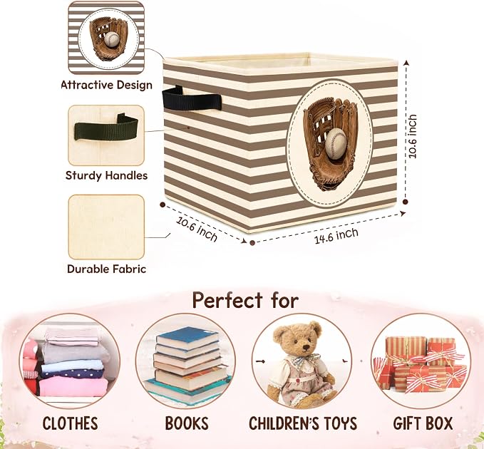 Baseball Glove Storage Bin, Foldable Fabric Organizer Basket | Baseball glove storage bin with striped background, glove and ball artwork, foldable fabric design and handles.