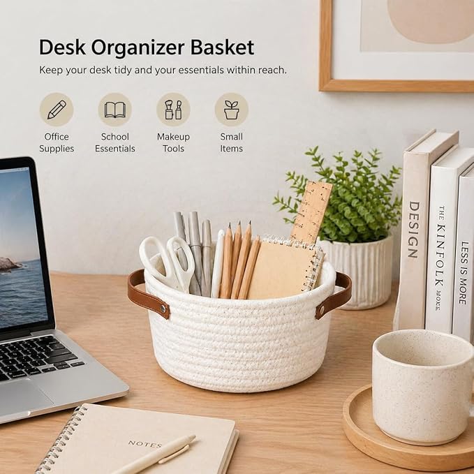 Small Woven Basket, Mini Cotton Rope Storage Basket with Leather Handle | Tiny Decorative Round Storage Bin, Cute Empty Gift Baskets for Organizing, Toy Organizer for Nursery, Boho Room Decor