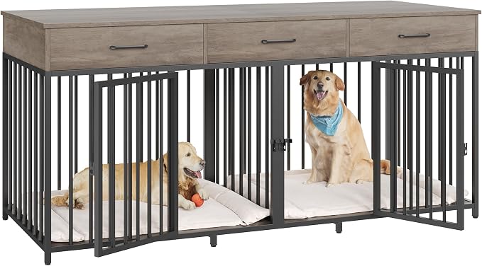 HOSTACK Double Dog Crate, 71" W Indoor Dog Kennel Furniture for 2 Dog, Grey | 3 Drawers for Easy Storage Heavy-Duty Cage, Removable Divider, Slide Bolt Latch, Modern Farmhouse Pet House for XL/XXL Dogs