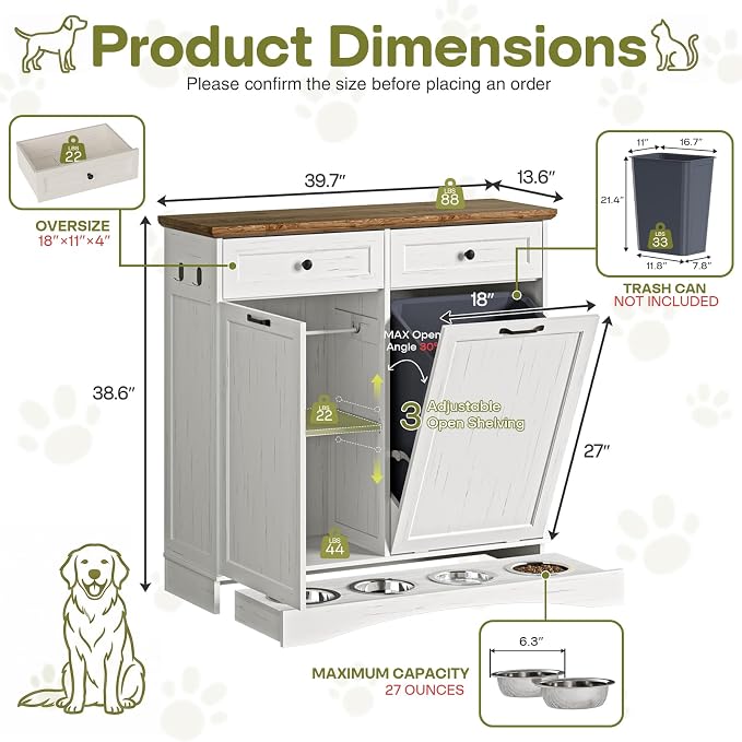 Furnaza Pet Feeding Station with 4 Bowls, Dual Doors Dog Cabinet Storage | White 39.7"W Dual Doors Pet feeding station with storage for dogs and cats, Pet Food Storage for Kitchen, Living Room