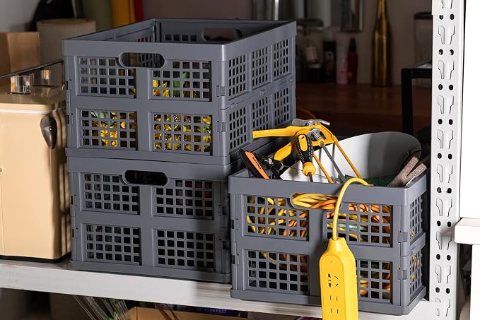 Eslite 34L Large Plastic Folding Storage Crates,Collapsible Crates for Storage,Pack of 3 (Grey)