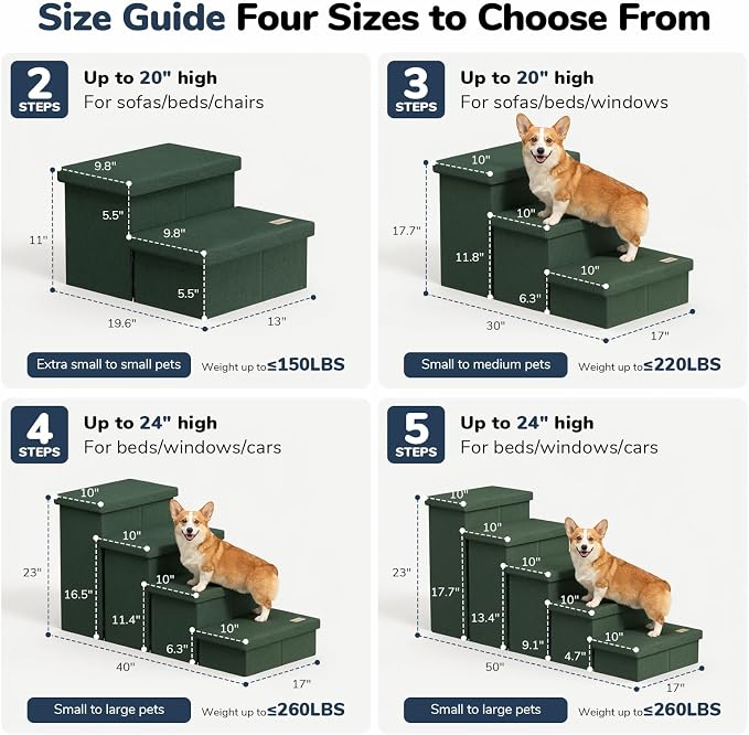 3-Step Wide Dog Stairs with Hidden Storage 18" H, Non-Slip Dog Steps for High Bed Couch Window Car, Jiont-Friendly Pet Stairs Ramp for Small/Medium/Large Old Dogs Cats Up to 200lbs, Dark Green