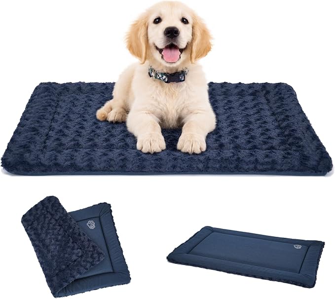 EMPSIGN Dog Crate Pad for 30"x20" Dog Crate, Plush/Canvas Navy | Reversible Kennel Mat (Cool & Warm), Machine Washable, Cozy Plush Sleeping Pad, All-Season Pet Bed