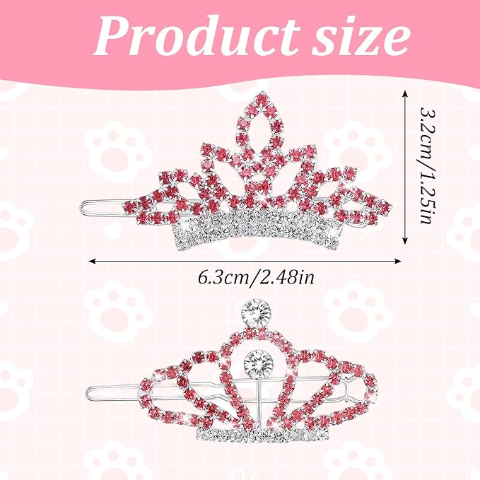 2Pcs Gem Rhinestone Dog/Cat Tiara Crown, Crystal Rhinestone Hair Accessories, Tiara Clips for Rolyal Family Costume Hair Accessories (Pink)