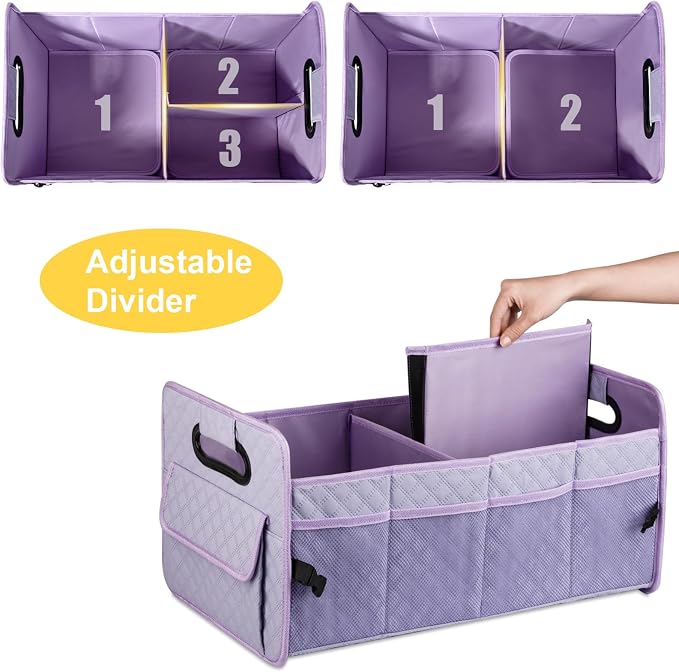 Car Trunk Organizer for SUV, Collapsible Car Storage Organizer Light Purple | Sturdy, Large Capacity, Diamond Decor, Multi Compartment Container Box Adjustable Car Accessories for Sedan Truck