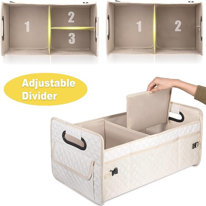 Car Trunk Organizer for SUV, Collapsible Car Storage Organizer Large Beige | Sturdy, Strong Capacity, Diamond Decor, Multi Compartment Container Box Adjustable Car Accessories for Sedan Truck