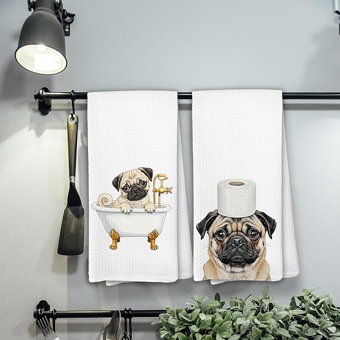 Pug Bathroom Towels, Funny Dog Bathroom Hand Towels Decorative Set of 3, Pug Dog Home Decor Gifts for Women