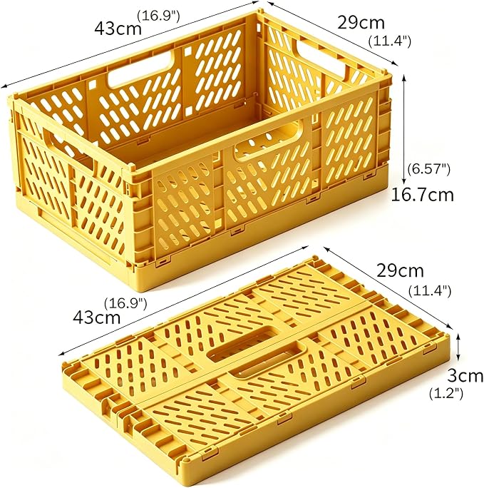Tobeso-Nuoze 2 Pack Pastel Plastic Storage Baskets-20L Space-Saving Bins | Plastic Collapsible Storage Crates Foldable Plastic Crates for Storage Collapsible Crates for Organizing (Yellow)