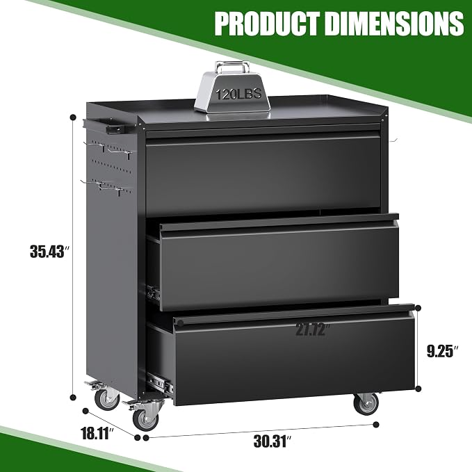 Reemoon 3 Drawers Garage Storage Cabinet with Wheels,35" H Metal Storage Cabinets for Garage, Home, Assembly Required,Black