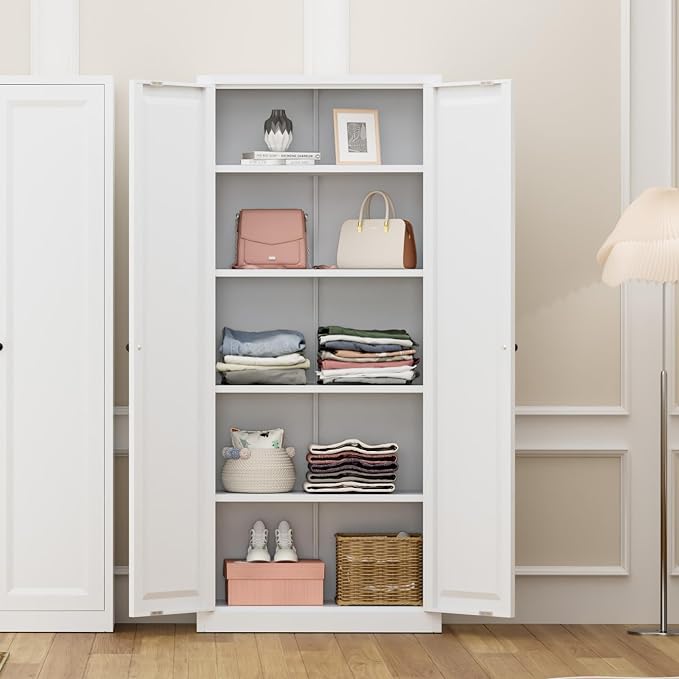 Greenvelly Metal Storage Cabinet, 63" H White Metal Storage Cabinet with Doors and 4 Shelves, Steel Cabinets for Living Room, Office, School (White - Modern)