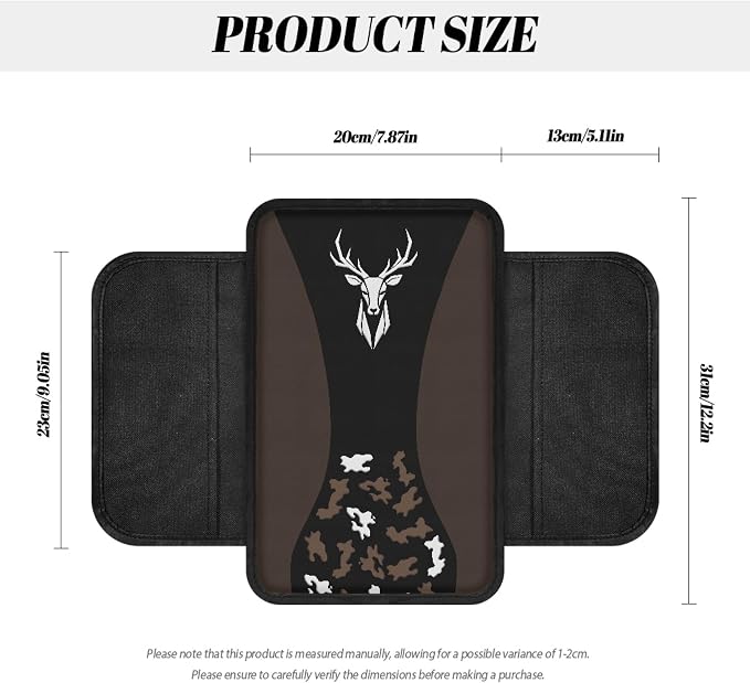 Howilath Brown Camo Deer Arm Rest Cover for Car Soft Non-Slip Console Pad | Machine Washable, with 2 Side Storage Bags, Fits Suv, Truck, Van, and Sedan