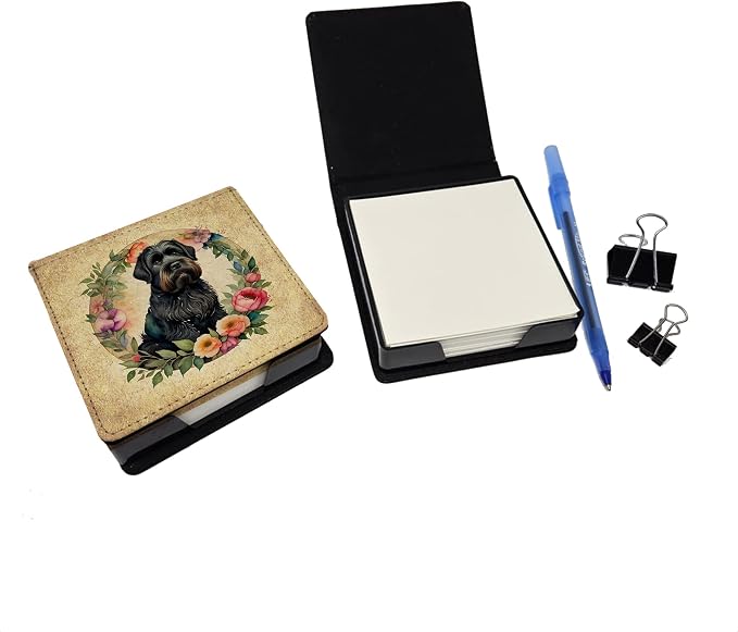Caroline's Treasures Black Russian Terrier and Flowers PU Leather Note Paper Holder with Artist-Designed Cover, Desk Accessory, Office Gift