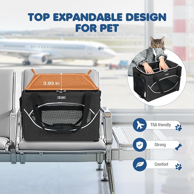 Lekereise Top-Expandable Pet Carrier 18x11x11Inch Delta American United Airline Approved Underseat to 15lbs Stable Car Travel Carriers for Small Dogs Cats with Locking Safety Zippers Anti-Scratch Mesh
