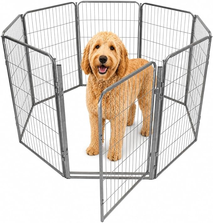 Dog Play Pen for Outdoor Use - 40'', 8 Panels for Medium and Large Size Dogs - Portable Playpen Pet Fence for RV, Camping, and Yard - Heavy Duty Kennel w/Grey Rust Resistant Coating