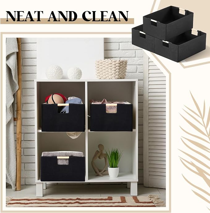 Cinnvoice 6 Pack Fabric Storage Bins for Closet Shelves, 15 x 10.6 x 6 Inch Black Rectangle Wardrobe Organizer with Handle, Collapsible Shelves Storage Basket for Sorting Clothes and Toy