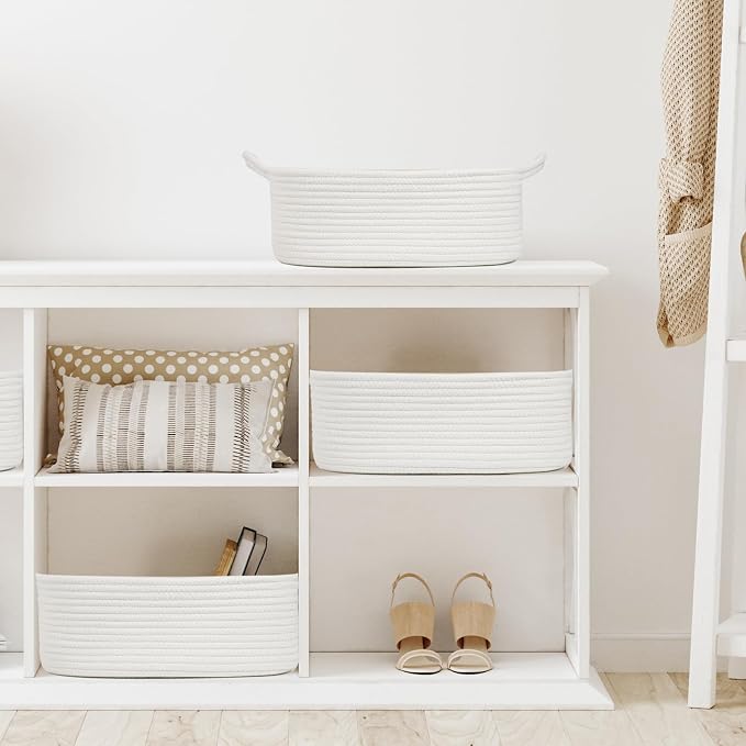 Woven Cotton Rope Storage Basket with Handles, White, 13.5 Inch | Empty Gift Basket, Bathroom and Closet Organizer, Nursery Toy Storage, Decorative Boho Basket, Shelf Storage Bin