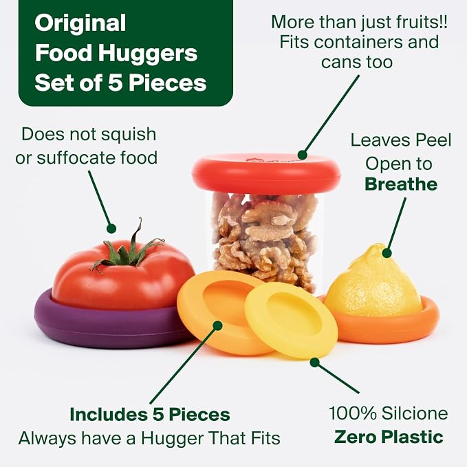 Food Huggers 5pc Reusable Silicone Food Savers | BPA Free | Plastic Free Food Storage | Dishwasher Safe | Fruit & Vegetable Storage for Onion, Tomato, Lemon, Banana & Cans | Round, Autumn Harvest