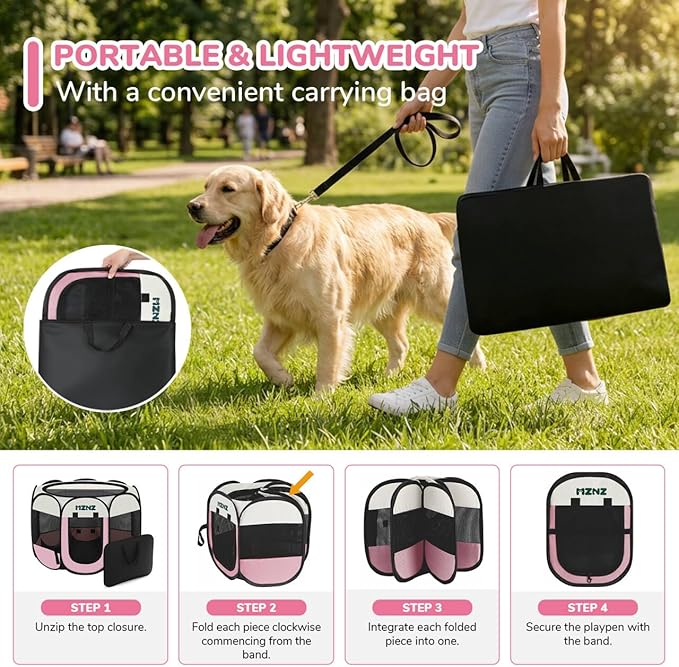 Dog Cat Small Animal Puppy Playpen Crate, Large, Pink | Portable Pop Up Pet Cage Enclosure Tent Kennel Indoor Outdoor with Carrying Case, No Assembly, Camping Use