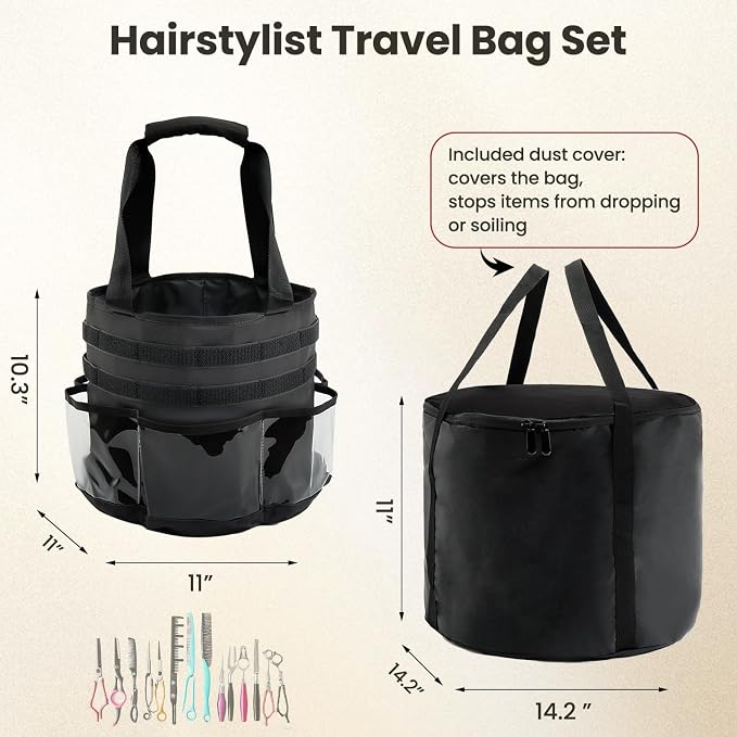 Hairstylist Travel Bag, with Dust Cover, 11L Large Capacity, Heat-Resistant Interior, Clear Pockets, 24 Hook-and-loop Slots, Top Drawstring, Makeup & Pet Grooming Supplies Organizer
