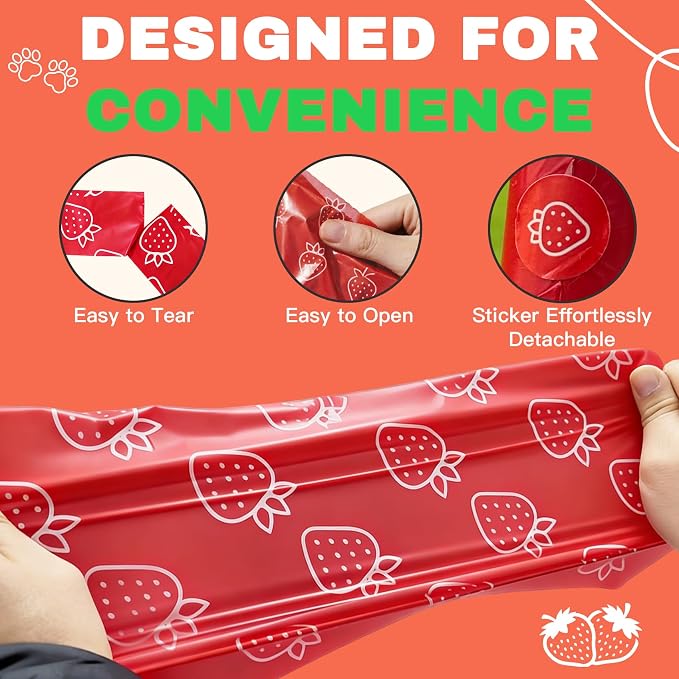 Strawberry Scented Dog Poop Bags- 24 Rolls 360 counts Leak Proof | Extra Large 13x9 Inch Red Dog poop bags rolls with Dispensers, Fragrance Bags for Dogs Walking and Cat Litter