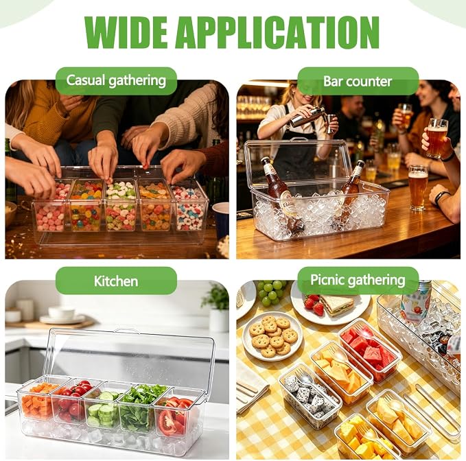 OBTANIM 16 Inch Ice Chilled Condiment Server Caddy Plastic Clear Food Storage Container Garnish Tray with Lid and 5 Removable Compartments for Bar Party Fruit Salad