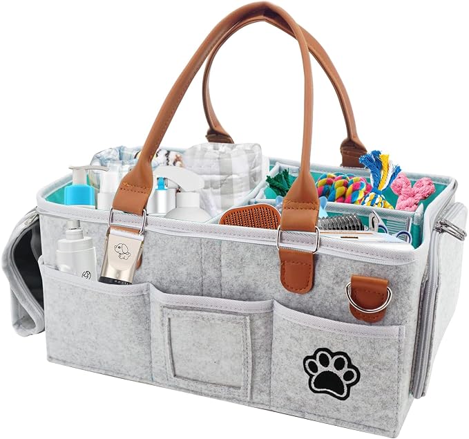 Felt Dog Grooming Bag,Portable Tote Bag for Dogs Cats,Dog Storage Organizer for Grooming Tool Kit,3 Compartments Pet Stuff Oganizers with 8 Pockets-Grey