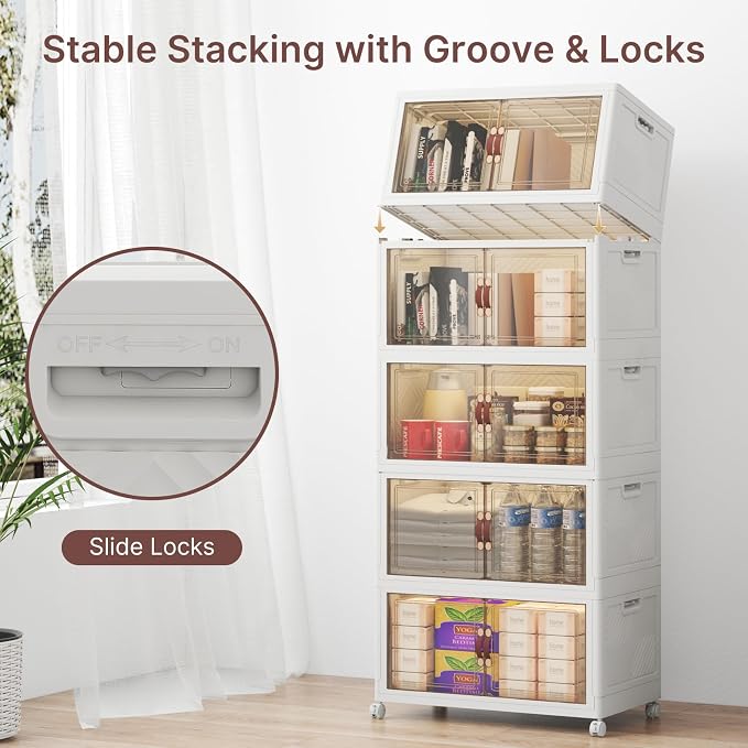 Stackable Storage Bins with Lids, 240QT Lockable Storage Cabinet | Closet Organizers, Foldable Storage Box with Doors and Wheels, Plastic Drawers for Home, Garage, Office (5, White, Medium)