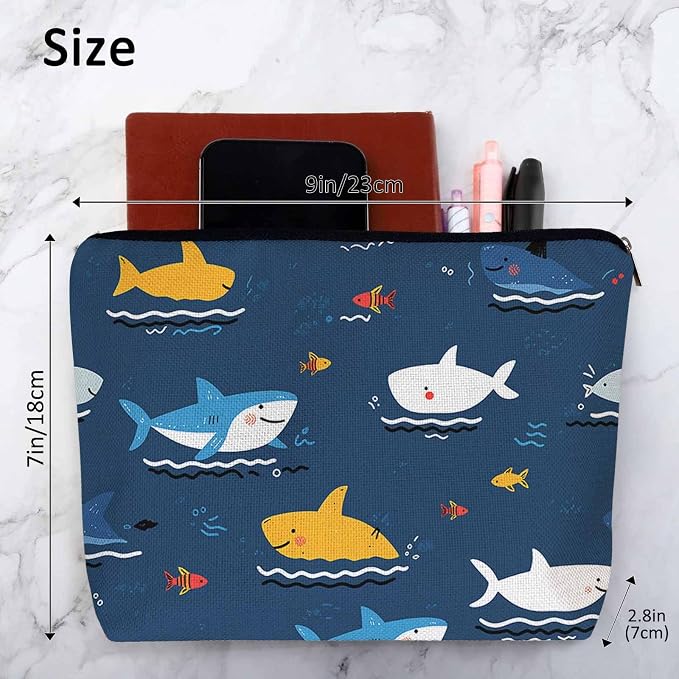 Shark Cosmetic Bags For Women, Cute Ocean Sea Wildlife Sharks Blue Roomy Makeup Bag Toiletry Bag Accessories Organizer Storage Bags Makeup Pouch For Travel Business Gym Camping Bathroom