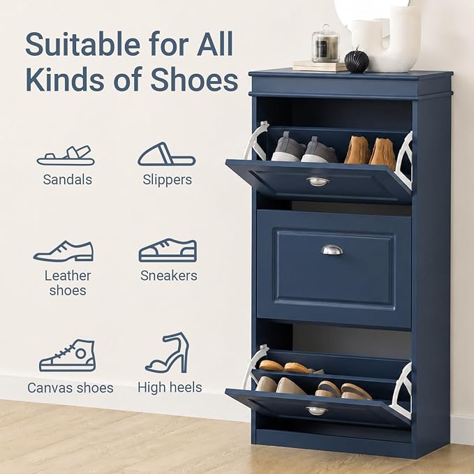 Haotian Shoe Cabinet with 3 Flip Drawers | Freestanding Shoe Rack for Entryway, Shoe Organizer with Hidden Drawer, Navy Blue, FSR94-B