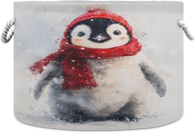 DOMIKING Large Storage Basket for Toys Christmas Penguin White Pattern Storage Bin Box Kids Laundry Hamper for Nursery Laundry Hamper Books Home Decor