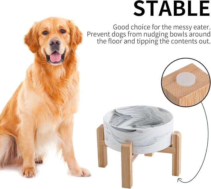 Elevated/Raised Dog Bowl Ceramic with Wood Stand for Small Medium Breed,Dog Food Water Dish Heavy, 6 in Non Slip Modern Cute Porcelain Pet Bowl Marble Grey