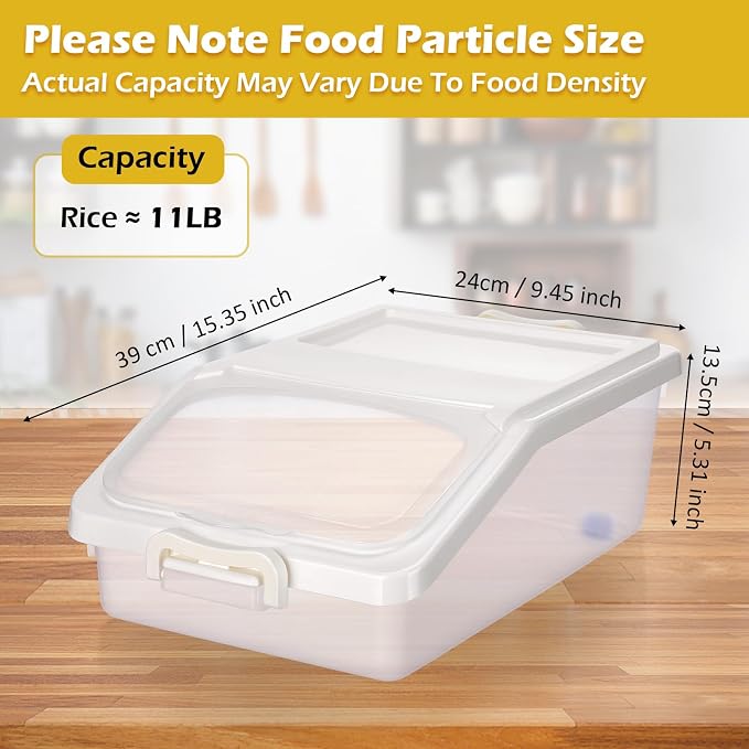 Blushtier 3 Pcs Rice Storage Container 11 lb Airtight Flour Container with Wheels Measuring Cup Clear Pet Food Dog Cat Birds Food Bin Grain Cereal Organizer Box for Dry Baking Supplies (White)