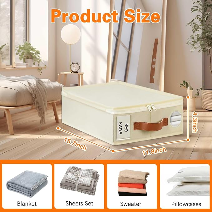 GhvyenntteS 6 Pack Sheet Organizers and Storage, Foldable Bed Sheet Organizers and Storage with Zipper, Handle, Window and Label (Queen & King Size) | Foldable 800D Thickened Fabric, Clear Window & Labels, Leather Handle, Dust & Moisture Proof, Fits Ki...