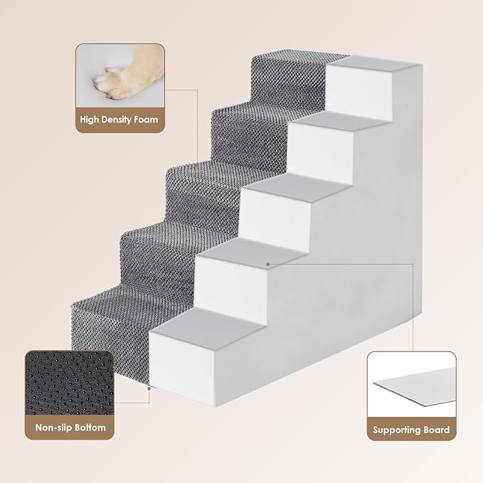 EHEYCIGA Dog Stairs for High Bed 22.5" H, 5-Step Extra Wide Dog Steps for Bed, Pet Steps for Small Dogs and Cats, Non-Slip Balanced Pet Ramp Indoor, Grey