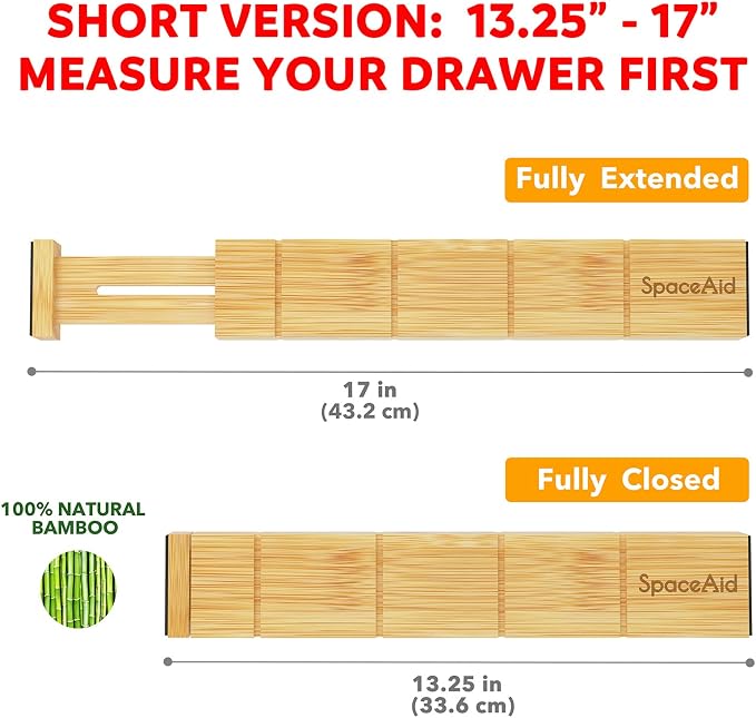 SpaceAid Bamboo 13.25-17“ Drawer Dividers (Need 2.35" Deep Drawer) Kitchen Adjustable Organizers, Expandable Organization for Home, Office, Dressers, 4 Dividers with 9 Inserts