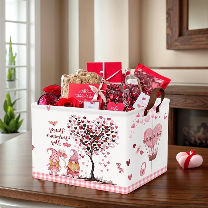 Valentine's Day Basket Gift for Empty Cute Heart Large Storage Bin for Kid and Baby Room Décor (Pink Dwarf Love Tree Hot Air Balloon)