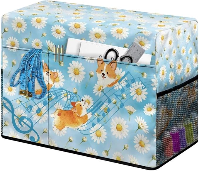 Sewing Machine Cover with Storage Pockets,Corgi Daisy Music Print | Dust & Pet Hair Protection,Fits Standard Singer, Brother and Janome Machines, Protecting & Decorating Your Sewing Space