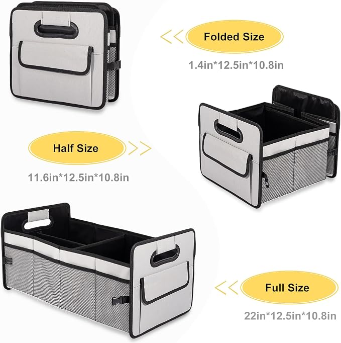 JiatuA Car Trunk Organizer, Collapsible Car Organizers and Storage Grey | Sturdy, Large Capacity, Clean Decor, Multi Compartment Container Box, Adjustable Car Accessories for SUV Sedan Truck